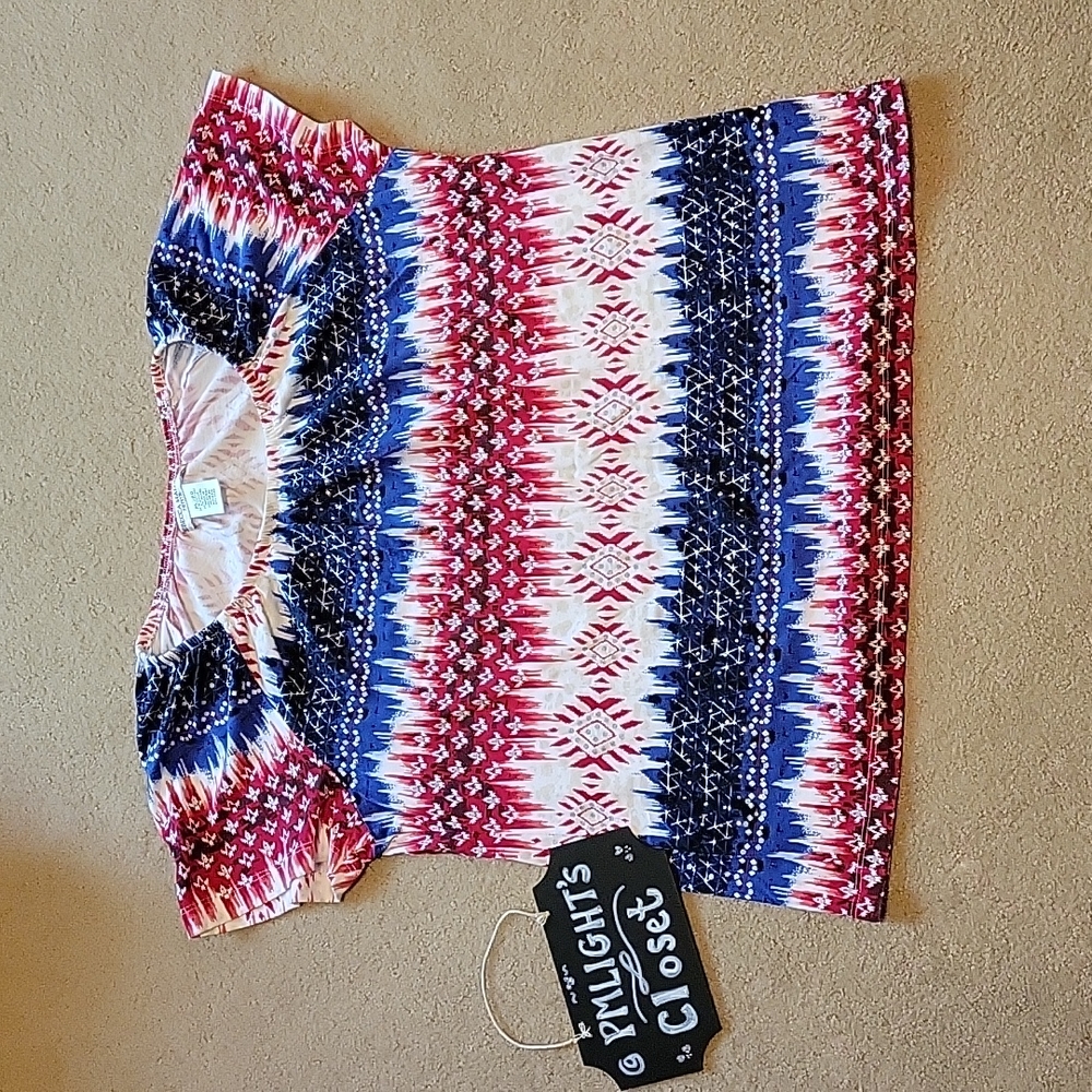 Rebecca Malone Short Sleeve Patriotic Shirt Petite Large Red White Blue